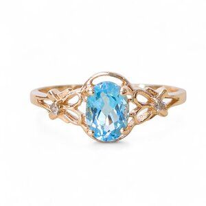 14k Gold Oval Blue Topaz Ring with Diamond Accents